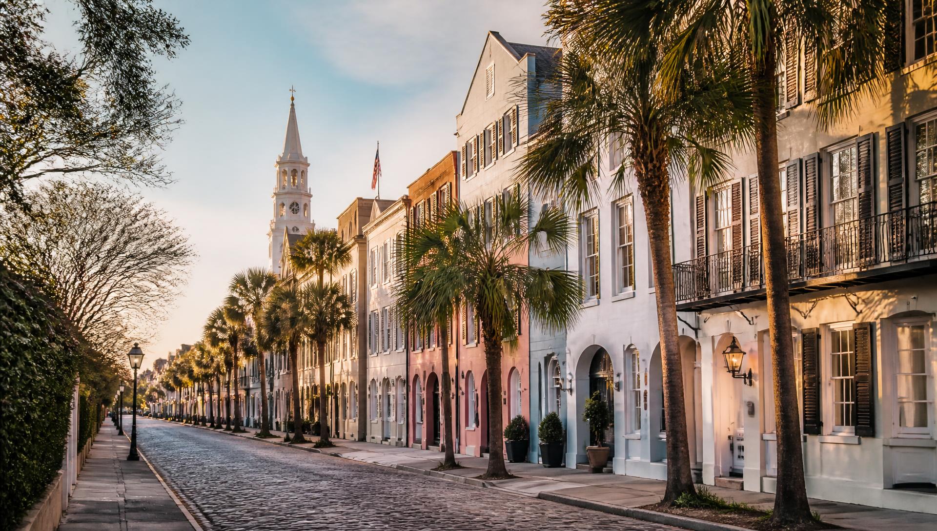 Pastel historic row houses and palmetto trees along a cobblestone street in Charleston